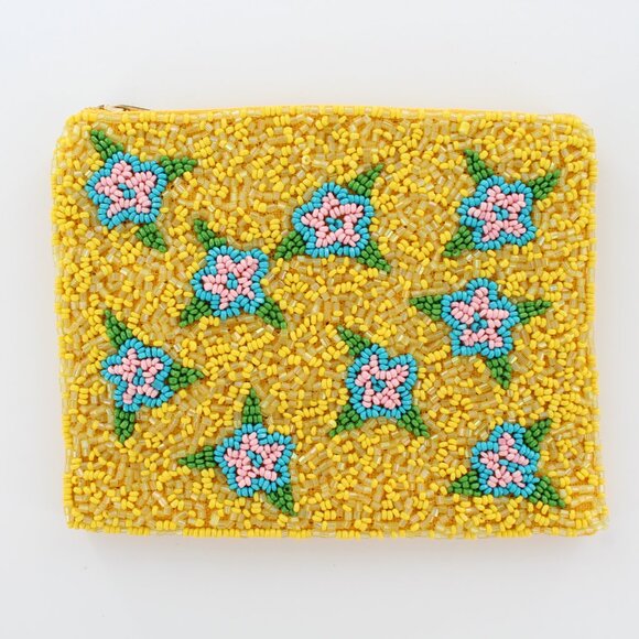 New KAY LEE NY Beaded Yellow w/Flowers Coin Purse/Makeup Bag ❤️Made in India❤️ - Picture 1 of 2